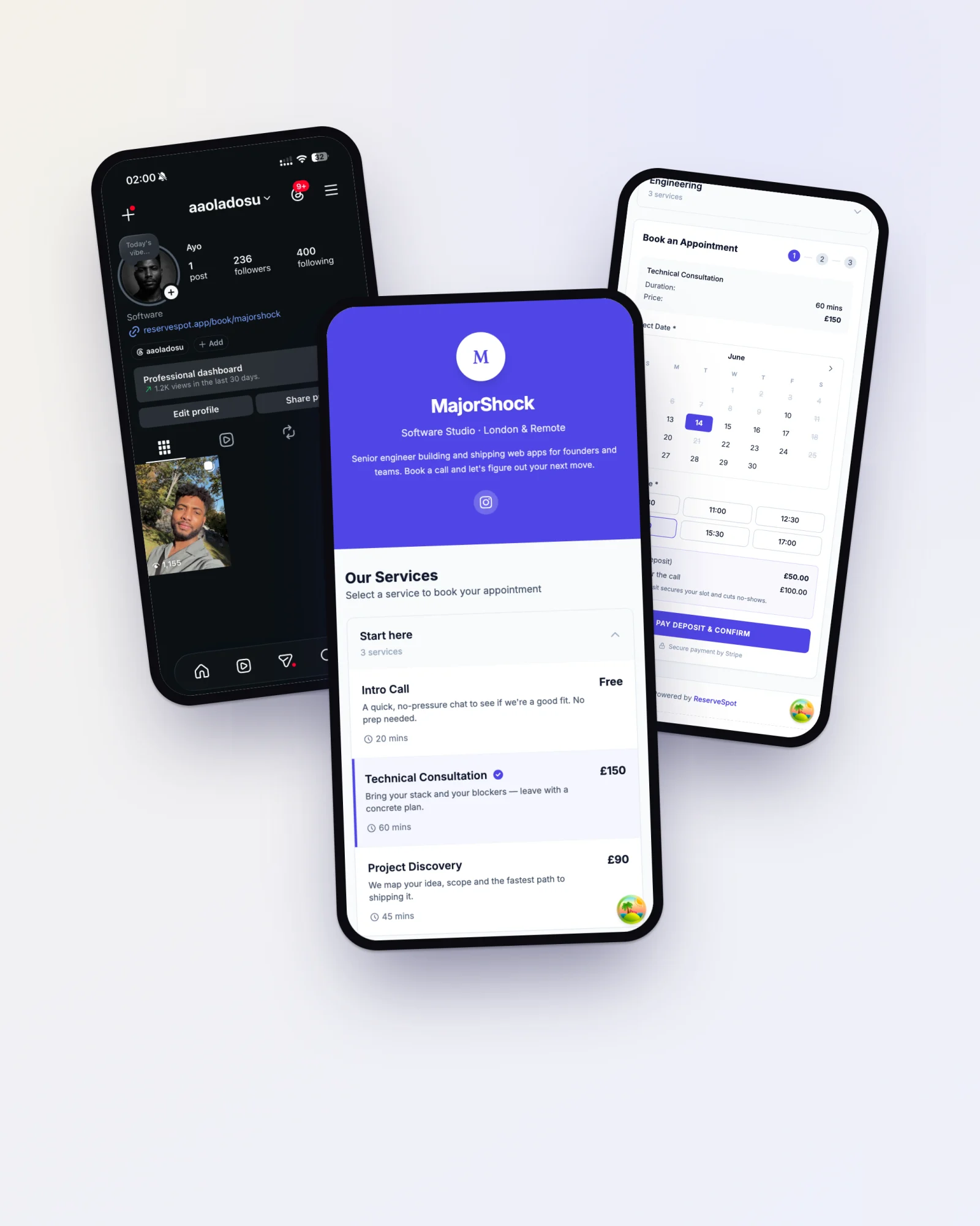 An Instagram bio link opening a branded booking page with services, a calendar and a deposit prompt